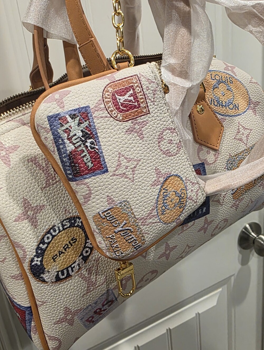 Source Unknown White and Pink Monogram Satchel with Tan Accents - Picture 6 of 6